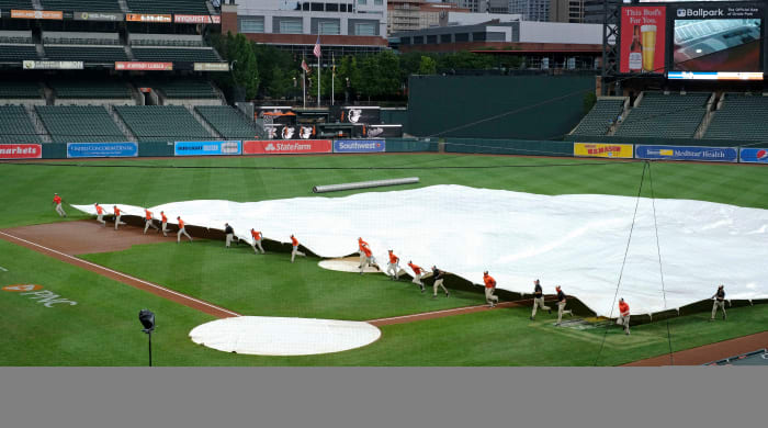 Jul 31, 2020; Baltimore, Maryland, USA; The Tampa Bay Rays game against the Baltimore Orioles at Oriole Park at Camden Yards has a delayed start due to rain.